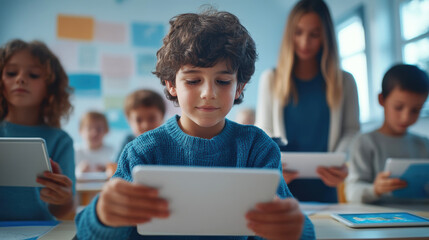 Children in a classroom engaged in lessons with tablets, highlighting modern education and technology's role in learning.