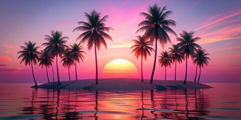 Naklejka premium Tropical Sunset Serenity Silhouetted Palm Trees Frame a Vibrant Pink and Orange Sky with a Large Orange Sun, Tranquil Red Water Reflections, and Balanced Composition Evoking Peace