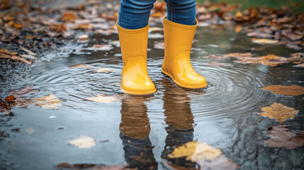 A child in bright yellow rain boots joyfully splashes in a puddle surrounded by fallen autumn leaves, capturing the essence of a rainy fall day.