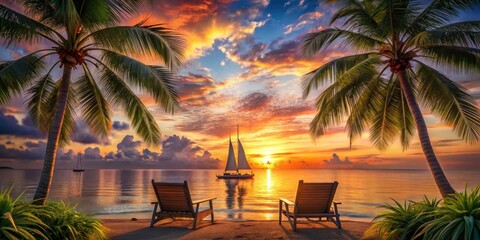 Fototapeta premium Tropical Sunset Serenity Framed by Palm Trees, Vibrant Sunset Hues Reflect on Calm Waters, Two Chairs Invite Relaxation, Sailboat Adds Motion, Lush Foliage Enhances Depth A