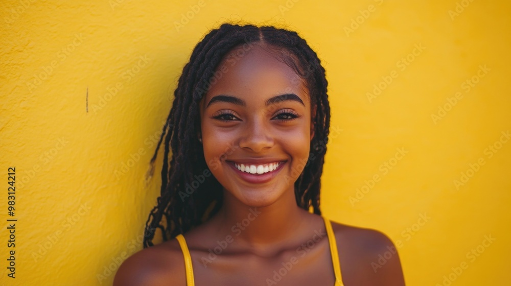 Sticker Joyful Youthful Girl Portrait with Yellow Wall