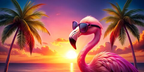 Vibrant Pink Flamingo in Oversized Sunglasses Against a Stunning Sunset, Framed by Symmetrical Palm Trees, Capturing Tropical Bliss and Playful Energy in a Dreamy Tropical Scene