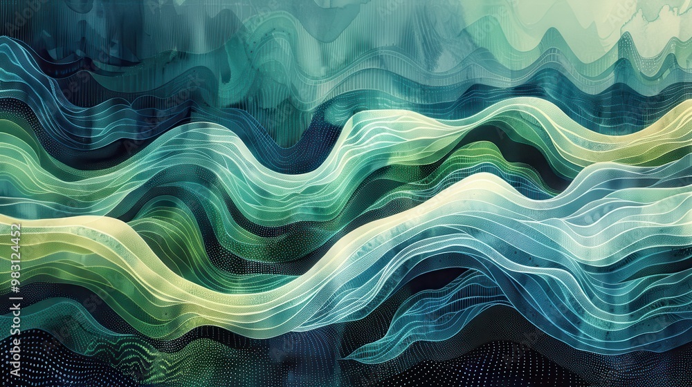 Poster abstract wave-like pattern in shades of blue and green, creating a mesmerizing and calming visual ex