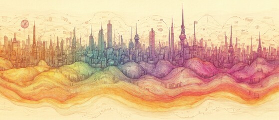 Abstract colorful cityscape with futuristic skyline and layered landscapes
