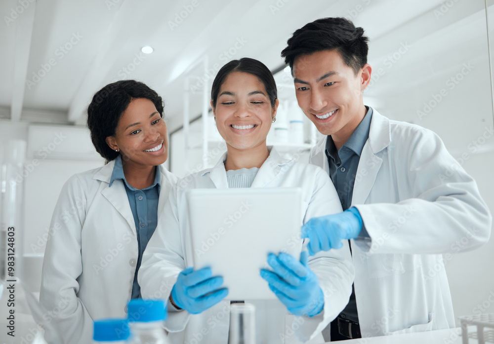 Wall mural Good news, review or happy people on tablet for science breakthrough, clinical trial or discovery. Teamwork, smile or group of scientist reading results for vaccine research, mpox cure or development