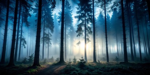 Obraz premium Winding Path of Enchantment Atmospheric Forest at Dawn - Captivating interplay of light and shadow in a fog-shrouded, mystical woodland landscape with towering trees