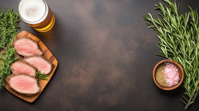 Sliced and marinated beef seasoned with spices is presented alongside a cold beer, cumin powder, and pink salt on a rustic wooden table