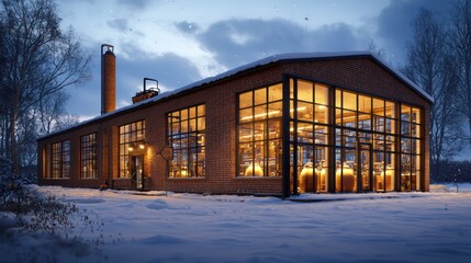 Obraz premium A brick distillery in a rural snowy landscape, its large windows showing the warm lights inside where the production of spirits continues despite the cold outside