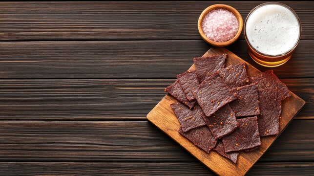 Sliced and marinated beef seasoned with spices is presented alongside a cold beer, cumin powder, and pink salt on a rustic wooden table