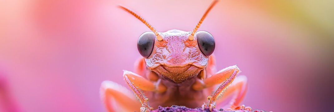  A macropterous grasshopper up close on a pink blossom against a multicolored backdrop