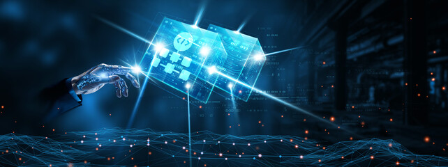 Algorithm Development: Businessman mechanical robotic hand touching algorithm development network technology on interface. Data analysis, machine learning, automation, efficiency concept.