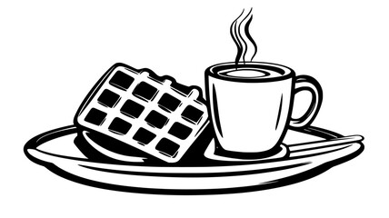 Breakfast setting with a large Belgian waffle on a white plate, food illustration vector