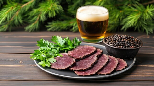 Sliced and marinated beef seasoned with spices is presented alongside a cold beer, cumin powder, and pink salt on a rustic wooden table