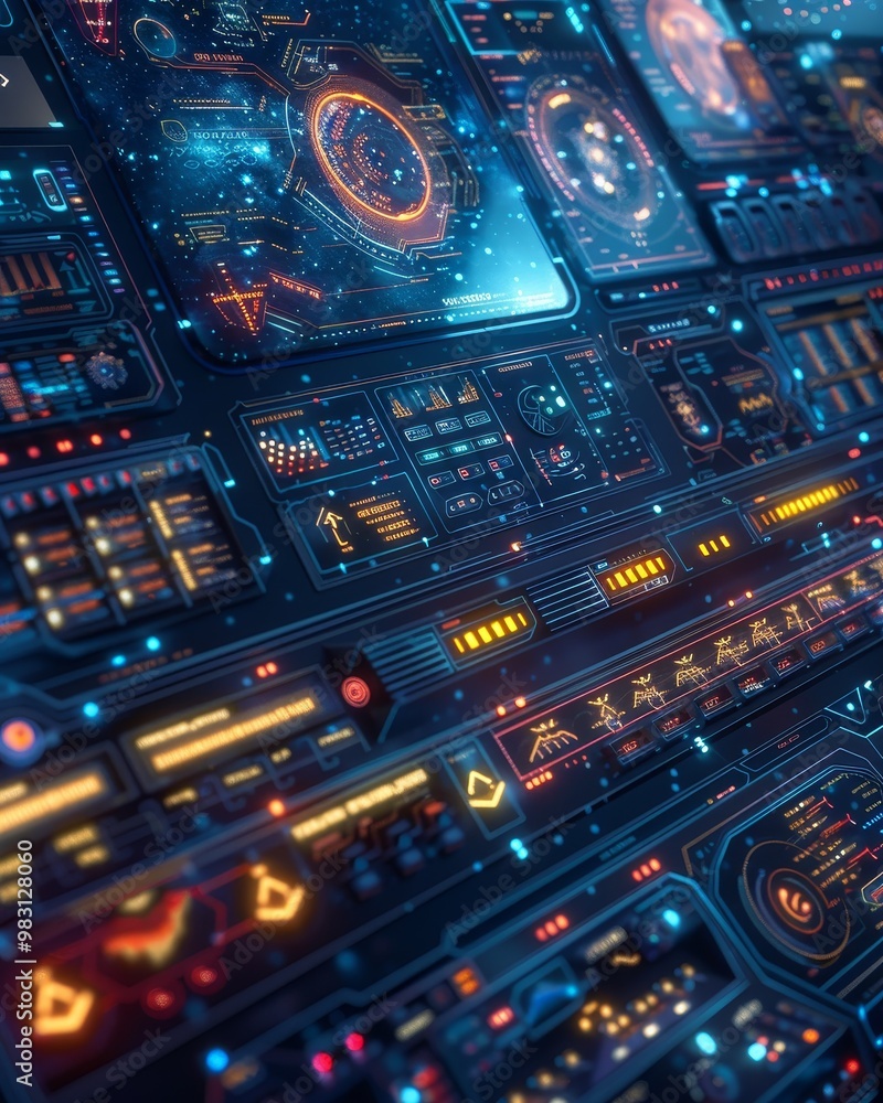Poster futuristic digital interface with glowing buttons and screens. abstract technology background.