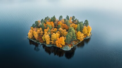 Autumn colors paint a vibrant tapestry on a secluded island in the serene waters of Northern Finland, creating a picturesque aerial vista.