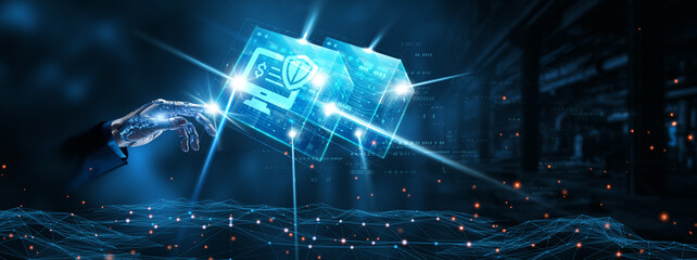 Insurance Technology: Businessman mechanical robotic hand touching insurance technology network technology on interface. Automation, data analysis, risk management, efficiency concept.