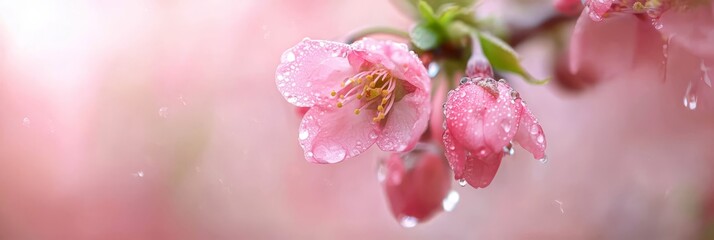 Obraz premium A tight shot of a pink blossom, adorned with water droplets, and a verdant stem in the foreground