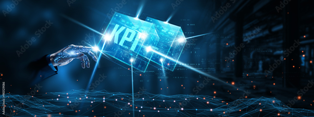 Poster kpi : businessman mechanical robotic hand touching kpi network technology on interface. performance 