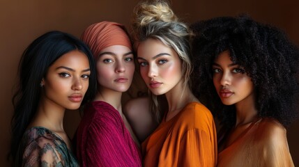Fototapeta premium Stunning portrait of multicultural women, reflecting beauty diversity in a vivid colored background.
