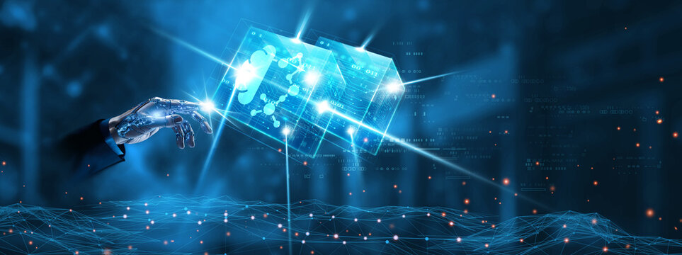 Neural Network: Businessman mechanical robotic hand touching neural network technology on interface. Artificial intelligence, machine learning, automation, data processing, intelligent systems concept