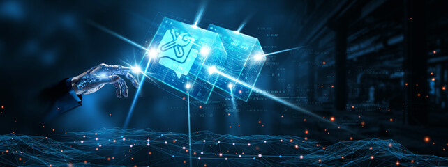 Technical Support: Businessman mechanical robotic hand touching technical support network technology on interface. Assistance, troubleshooting, maintenance, customer service concept.