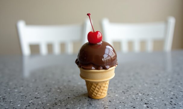 Delight in this mouth watering chocolate ice cream cone topped with a cherry, perfect for summer promotions, dessert menus, or sweet themed designs.