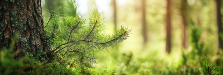 Fototapeta premium A tight shot of a pine tree in a forest, with a hazy pine tree silhouette in the backdrop