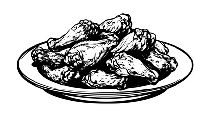Plate filled with neatly arranged chicken wings, food illustration vector