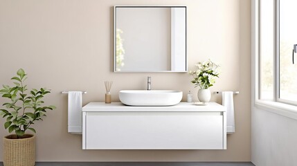 Fototapeta premium Beige and white minimalist bathroom with floating vanity and simple mirror, minimalist bathroom, clean elegance