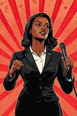  black female president in formal suit gives speech after her election