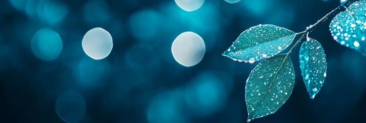  A tight shot of a tree leaf, studded with water droplets, against a softly blurred branch and background
