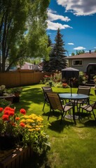 Obraz premium Stunningly designed backyard oasis featuring elegant outdoor furniture and lush landscaping