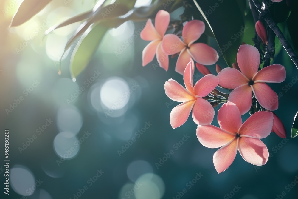 Poster selected emphasis on frangipani bunch dangling from a branch surrounded by leaves with space for tex