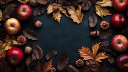 Autumnal banner featuring brown leaves, chestnuts, and apples arranged on a black surface, shot from above.