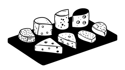 Several cheeses placed in an organized pattern on a rectangular board, food vector illustration