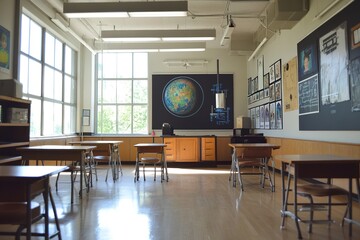 Sunny classroom with empty desks and world map