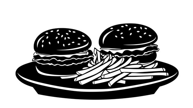Two burgers and fries on a serving tray, food illustration vector