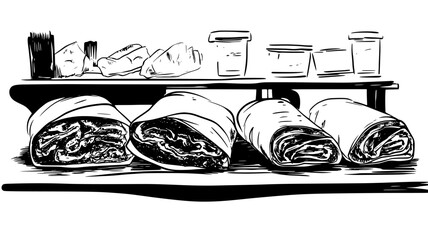 Several wraps arranged on a bakery counter near other sandwiches, food illustration vector