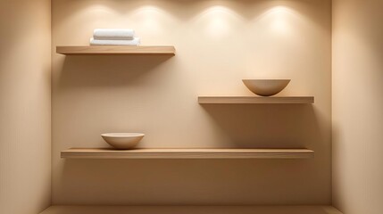 Beige minimalist bathroom with floating wood shelves and simple white tiles, minimalist bathroom, modern simplicity