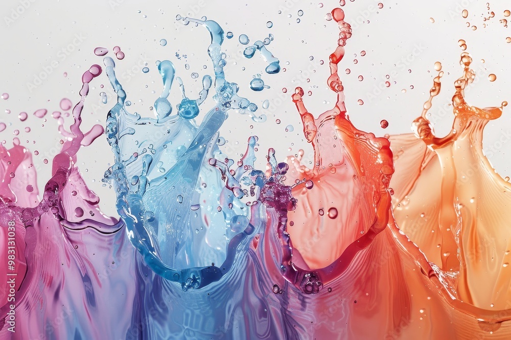 Poster vibrant rainbow colored liquid splashes on a white background, creating a dynamic and abstract desig