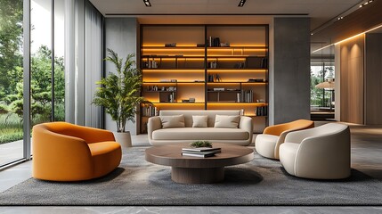 A stylish office lounge area with comfortable seating, a coffee table, and a minimalist bookshelf. The design incorporates soft textures, neutral tones, and modern lighting, making it a perfect