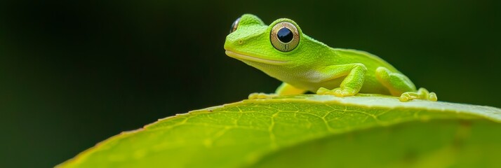 Obraz premium A green frog sits atop a leaf, his large, expressive eye fixed forward, widened in alertness