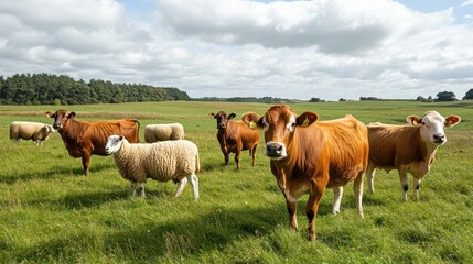 Cows and Sheep Grazing in a Green Field