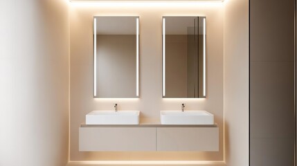 Beige minimalist bathroom with soft lighting and large mirrors, contemporary simplicity, minimalist bathroom, modern elegance