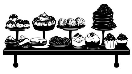 Various danishes displayed on bakery counter near pastries, food vector graphic