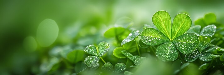  Four clover leaves, each dotted with water droplets, nestle amidst a lush grassy expanse