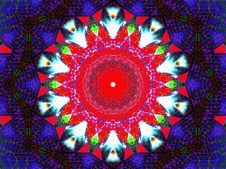 A vibrant mandala design bursts with intense colors and intricate geometric patterns. The central red circle is surrounded by symmetrical shapes in shades of green, white, and purple.