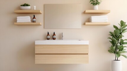 Beige minimalist bathroom with floating vanity and natural wood shelving, minimalist bathroom, organic simplicity