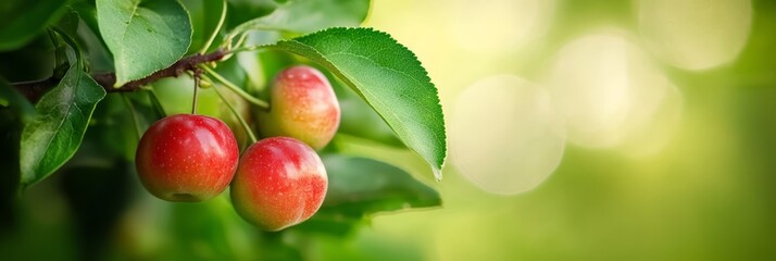 Obraz premium A tree branch bearing fruit, adorned with green leaves, and sunlight filtering through them on the opposite side