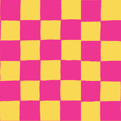 seamless repeating pattern with hand drawn checkerboard in hot pink and yellow. Fuchsia pink checker with yellow squares. Trendy background, packaging, fabric, wallpaper, phone case design